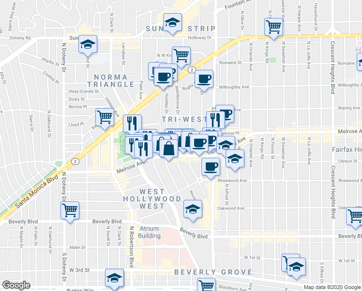 map of restaurants, bars, coffee shops, grocery stores, and more near 622 Westbourne Drive in West Hollywood