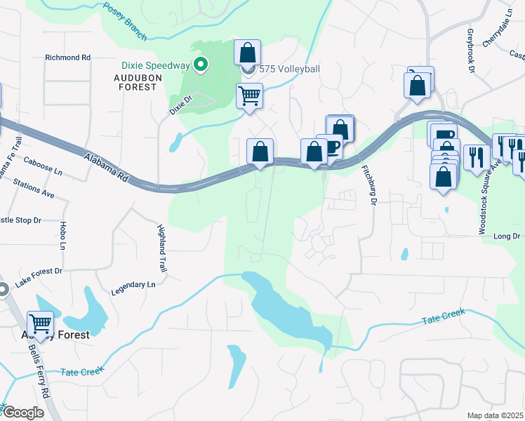 map of restaurants, bars, coffee shops, grocery stores, and more near 123 Heritage Pointe in Cherokee County