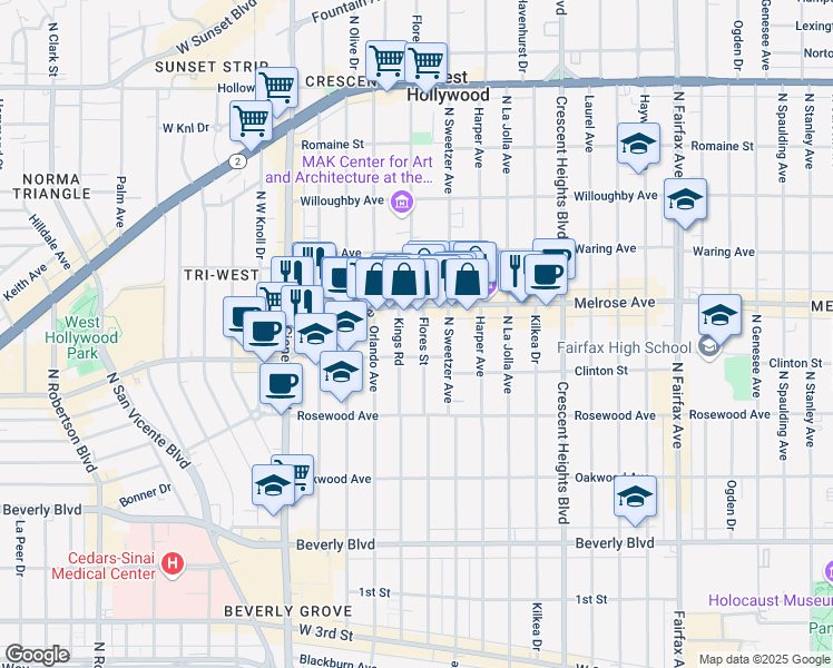 map of restaurants, bars, coffee shops, grocery stores, and more near 625 North Flores Street in West Hollywood
