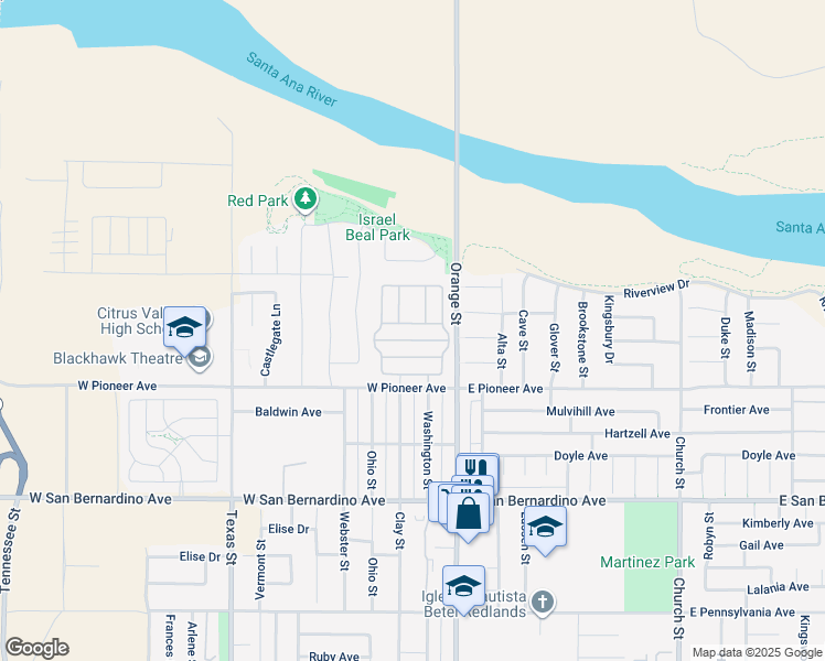 map of restaurants, bars, coffee shops, grocery stores, and more near 140 West Pioneer Avenue in Redlands
