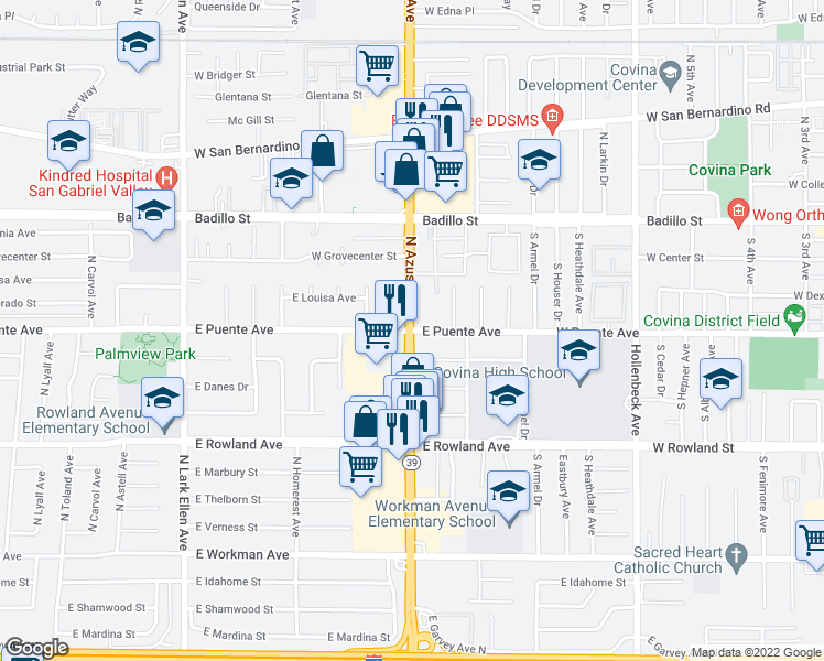 map of restaurants, bars, coffee shops, grocery stores, and more near N Azusa Ave & E Puente Ave in West Covina