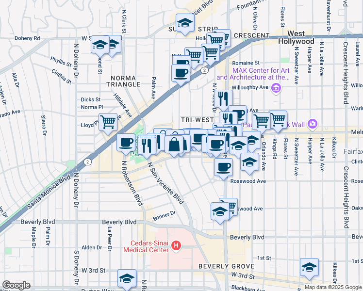 map of restaurants, bars, coffee shops, grocery stores, and more near 626 Huntley Drive in West Hollywood