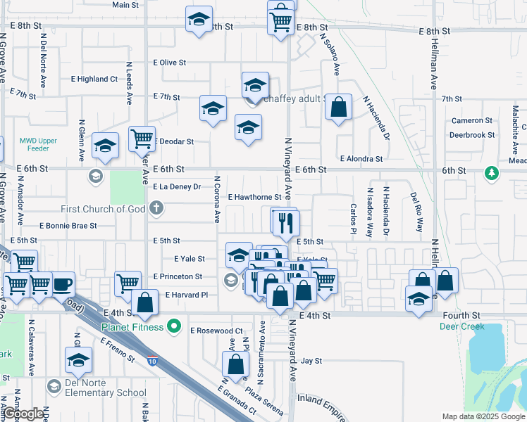 map of restaurants, bars, coffee shops, grocery stores, and more near 1355 North San Diego Avenue in Ontario