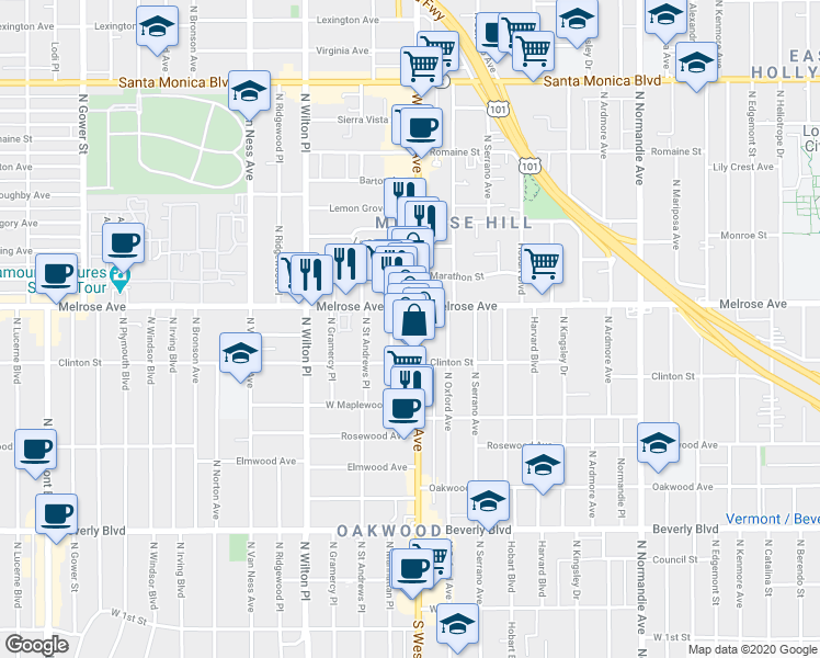map of restaurants, bars, coffee shops, grocery stores, and more near 641 North Western Avenue in Los Angeles