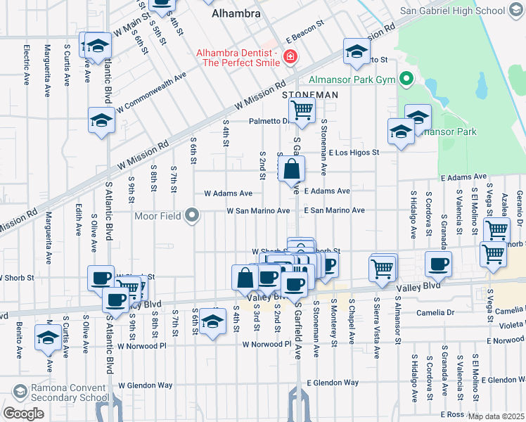 map of restaurants, bars, coffee shops, grocery stores, and more near South 2nd Street in Alhambra