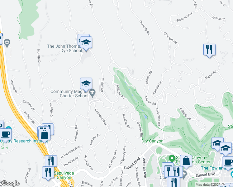 map of restaurants, bars, coffee shops, grocery stores, and more near 11020 Chalon Road in Los Angeles
