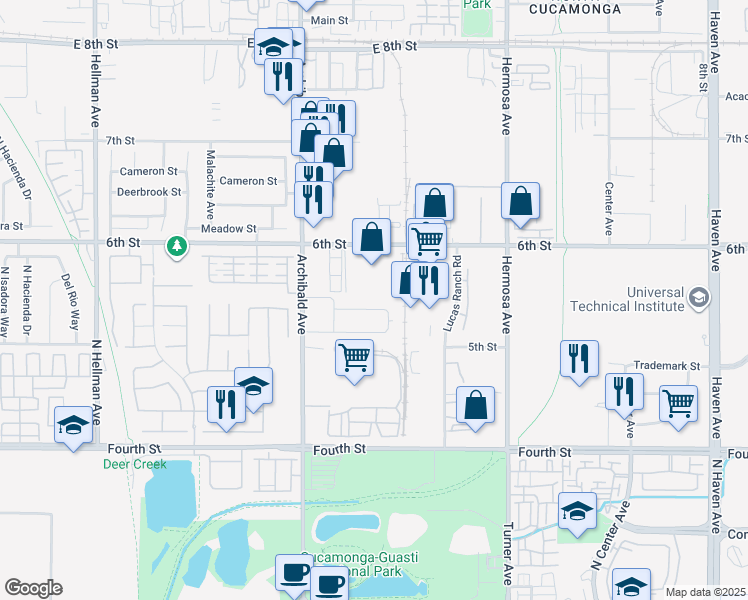 map of restaurants, bars, coffee shops, grocery stores, and more near 9838 Hawthorne Drive in Rancho Cucamonga