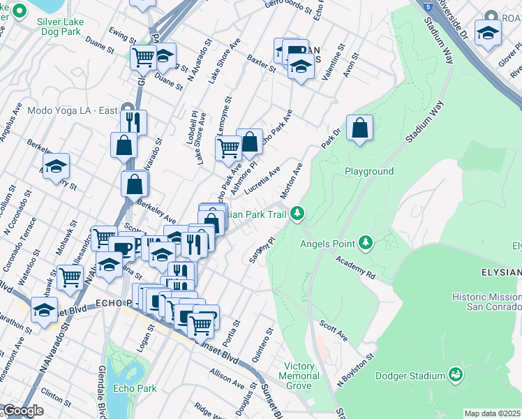 map of restaurants, bars, coffee shops, grocery stores, and more near 1721 Morton Avenue in Los Angeles