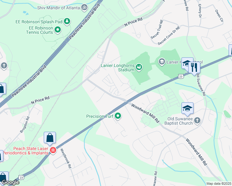 map of restaurants, bars, coffee shops, grocery stores, and more near 4359 Woodward Mill Road in Buford