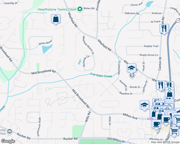 map of restaurants, bars, coffee shops, grocery stores, and more near 1230 Mayfield Manor Drive in Alpharetta