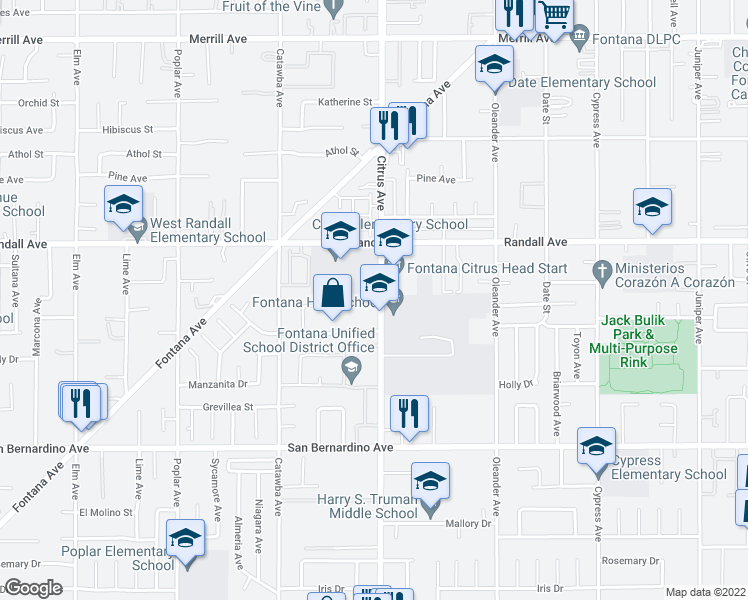 map of restaurants, bars, coffee shops, grocery stores, and more near 9410 Citrus Avenue in Fontana