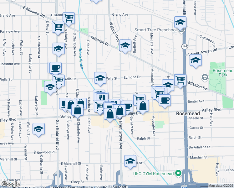 map of restaurants, bars, coffee shops, grocery stores, and more near 4181 Walnut Grove Avenue in Rosemead