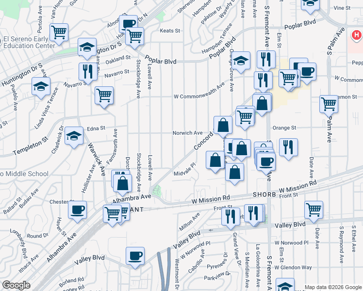 map of restaurants, bars, coffee shops, grocery stores, and more near 1005 Westmont Drive in Alhambra