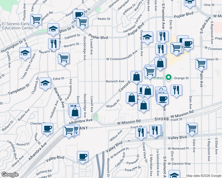 map of restaurants, bars, coffee shops, grocery stores, and more near 1005 Westmont Drive in Alhambra