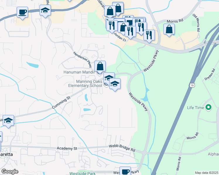 map of restaurants, bars, coffee shops, grocery stores, and more near 405 Cumming Street in Alpharetta