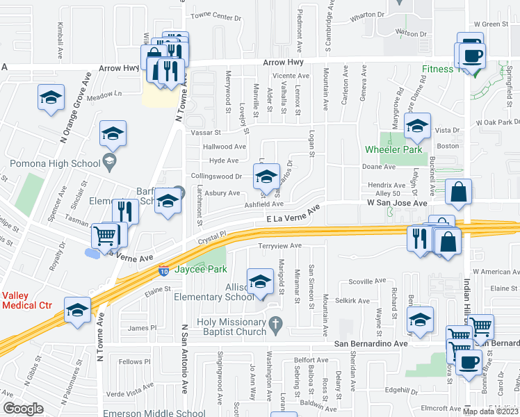 map of restaurants, bars, coffee shops, grocery stores, and more near 990 Ashfield Avenue in Pomona
