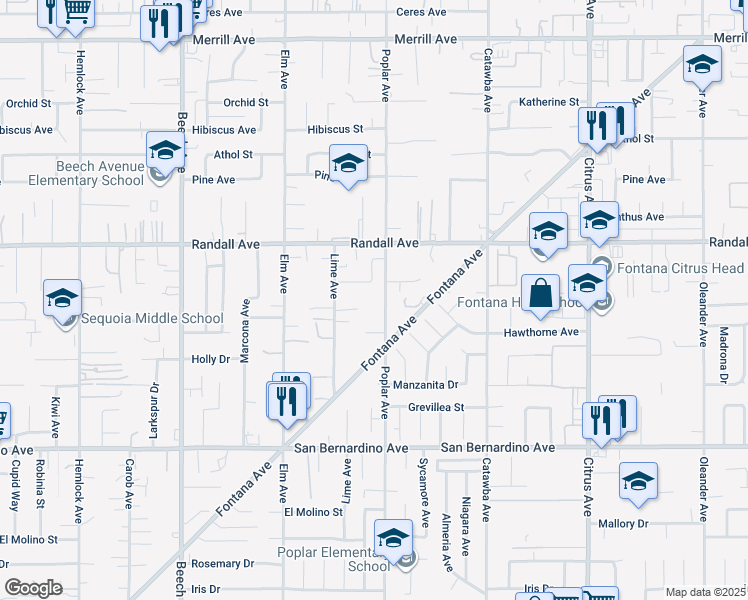 map of restaurants, bars, coffee shops, grocery stores, and more near 9408 Poplar Avenue in Fontana