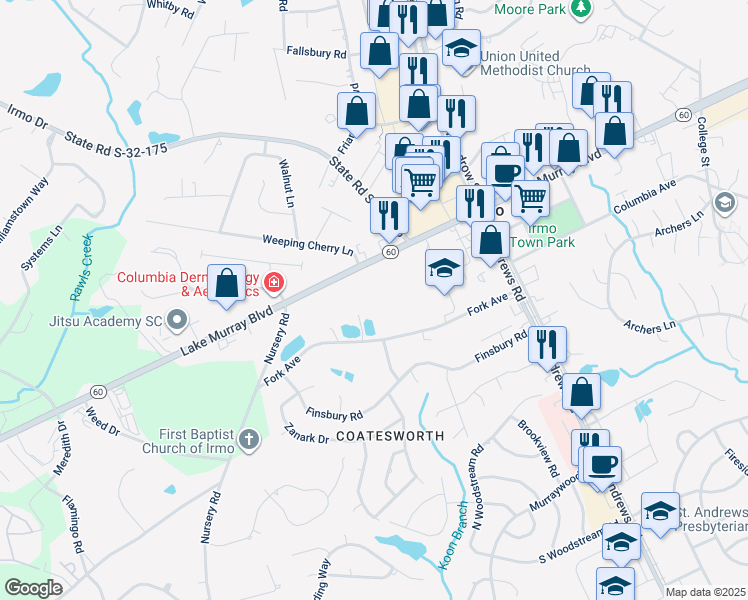 map of restaurants, bars, coffee shops, grocery stores, and more near 1411 Lake Murray Boulevard in Columbia