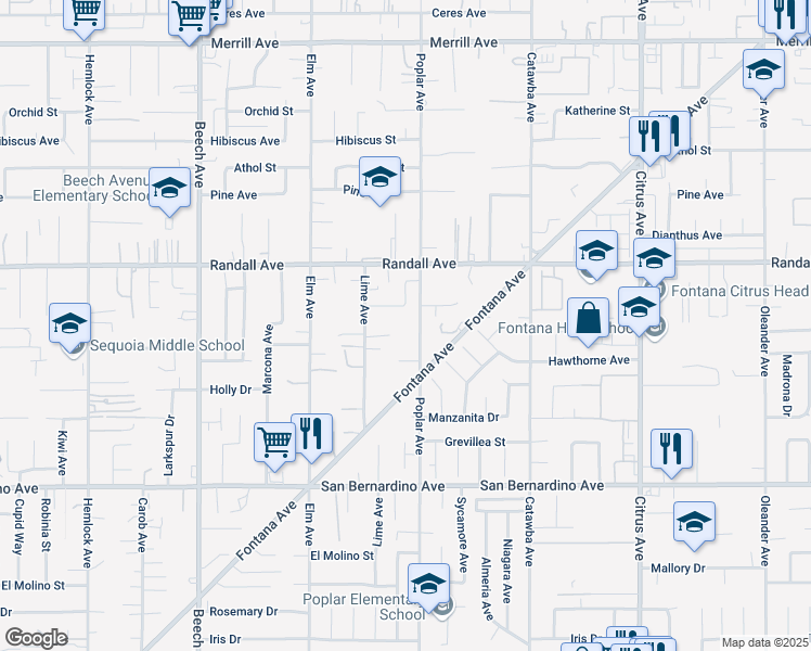 map of restaurants, bars, coffee shops, grocery stores, and more near 9408 Poplar Avenue in Fontana