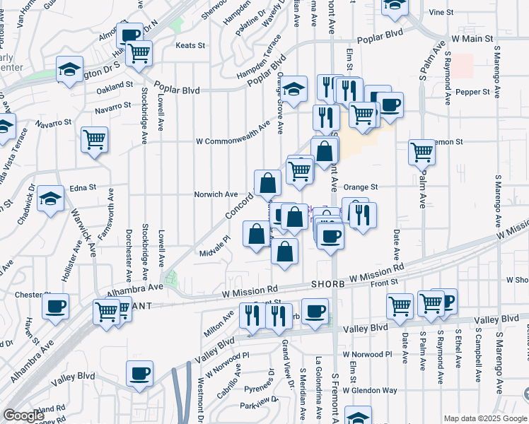 map of restaurants, bars, coffee shops, grocery stores, and more near 919 Westminster Avenue in Alhambra
