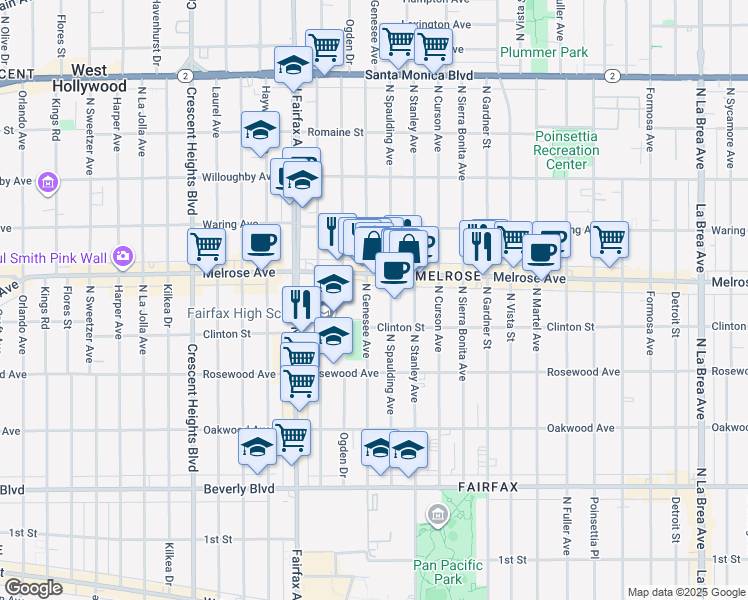 map of restaurants, bars, coffee shops, grocery stores, and more near 630 North Genesee Avenue in Los Angeles