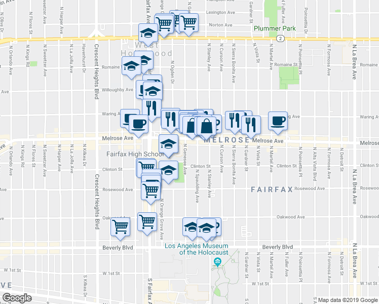 map of restaurants, bars, coffee shops, grocery stores, and more near 630 North Genesee Avenue in Los Angeles