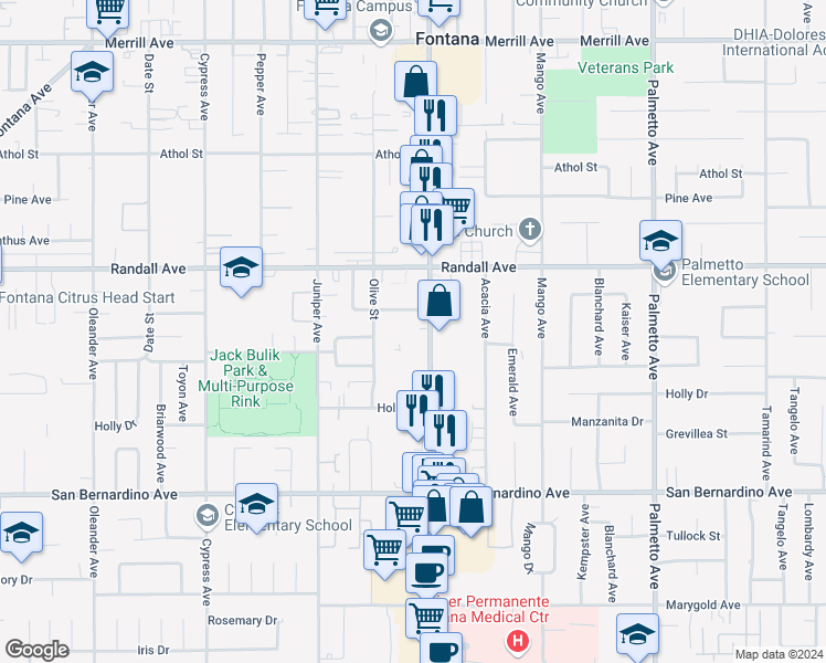 map of restaurants, bars, coffee shops, grocery stores, and more near 9420 Sierra Avenue in Fontana