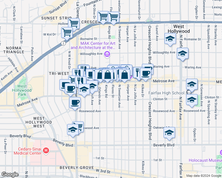 map of restaurants, bars, coffee shops, grocery stores, and more near 625 Flores Street in West Hollywood