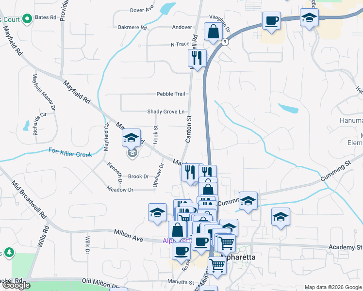 map of restaurants, bars, coffee shops, grocery stores, and more near 260 Canton Street in Alpharetta