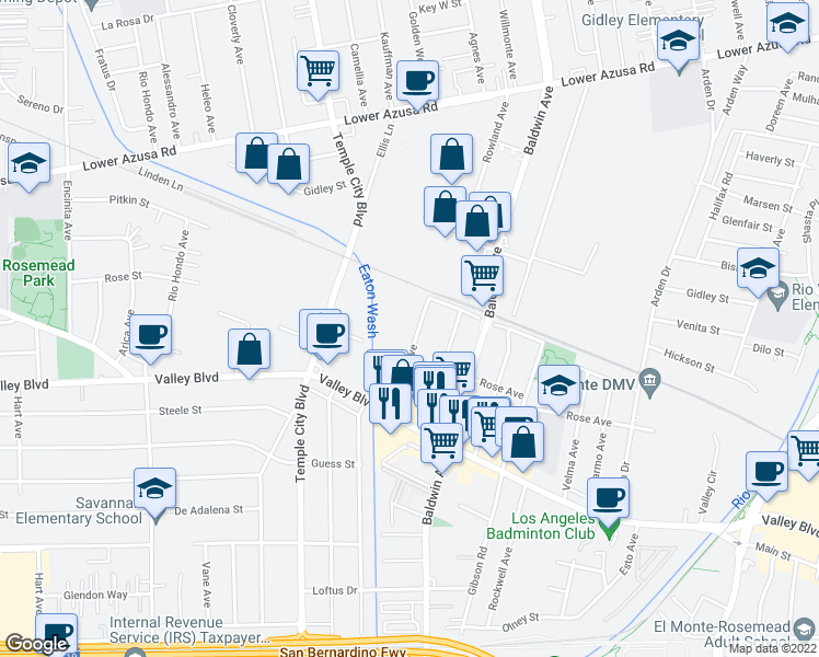 map of restaurants, bars, coffee shops, grocery stores, and more near 4131 Rowland Avenue in El Monte