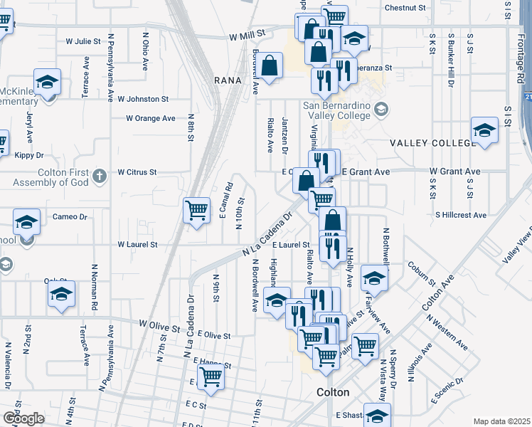 map of restaurants, bars, coffee shops, grocery stores, and more near 440 East Riverside Avenue in Colton