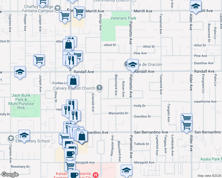map of restaurants, bars, coffee shops, grocery stores, and more near 9406 Kempster Avenue in Fontana