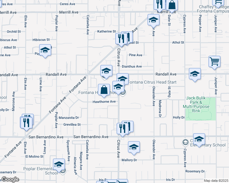 map of restaurants, bars, coffee shops, grocery stores, and more near 9410 Citrus Avenue in Fontana