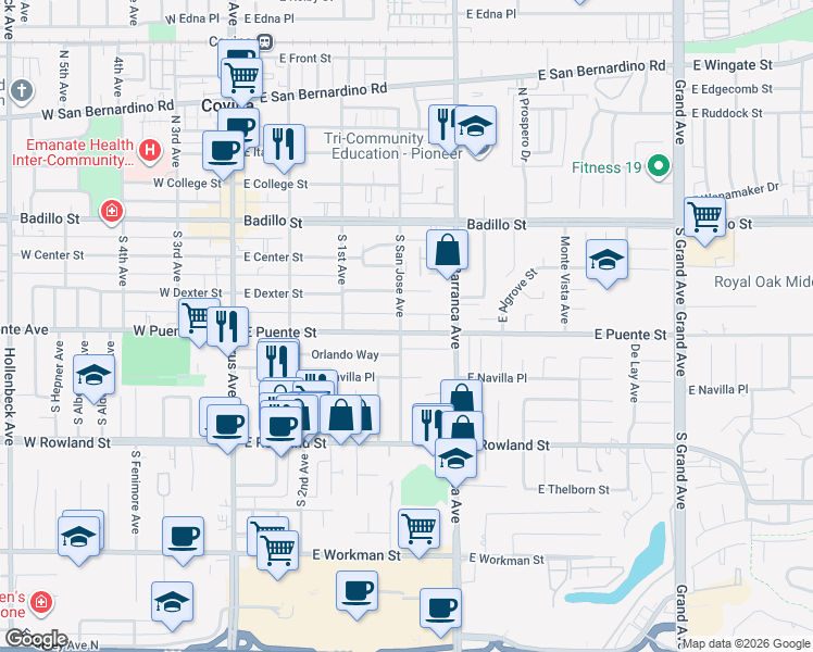 map of restaurants, bars, coffee shops, grocery stores, and more near 338 South San Jose Avenue in Covina