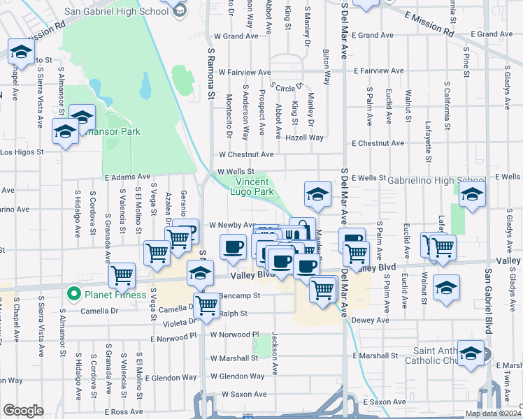 map of restaurants, bars, coffee shops, grocery stores, and more near 1400 Prospect Avenue in San Gabriel