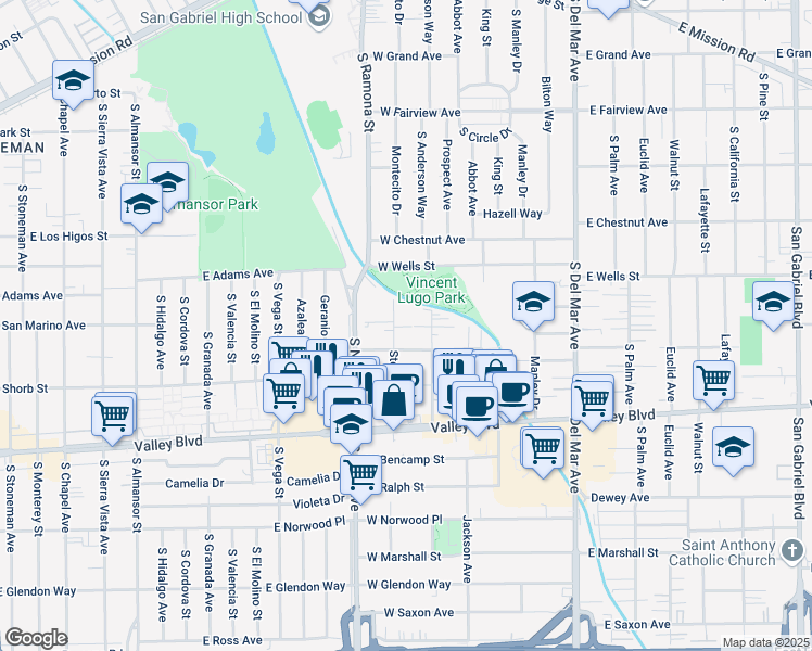 map of restaurants, bars, coffee shops, grocery stores, and more near 1329 Stevens Avenue in San Gabriel