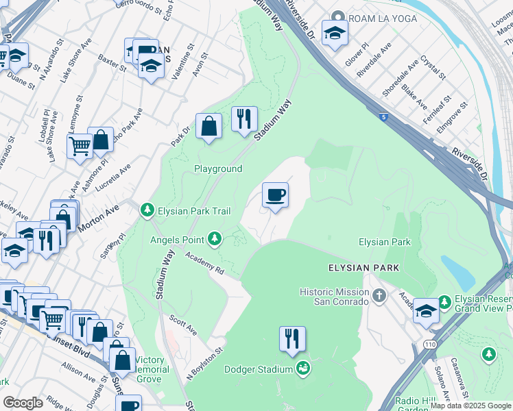 map of restaurants, bars, coffee shops, grocery stores, and more near Angels Point Rd in Los Angeles