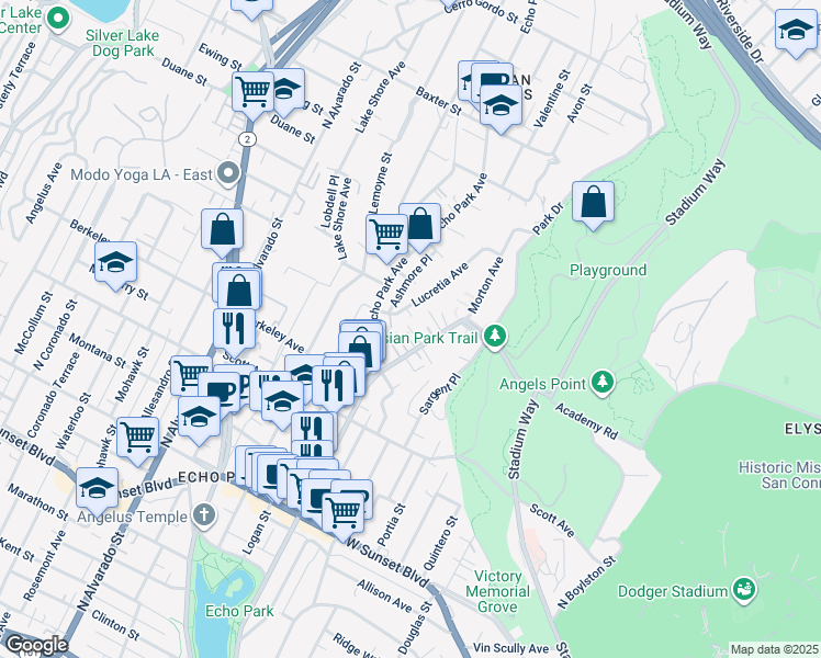 map of restaurants, bars, coffee shops, grocery stores, and more near 1711 Morton Avenue in Los Angeles