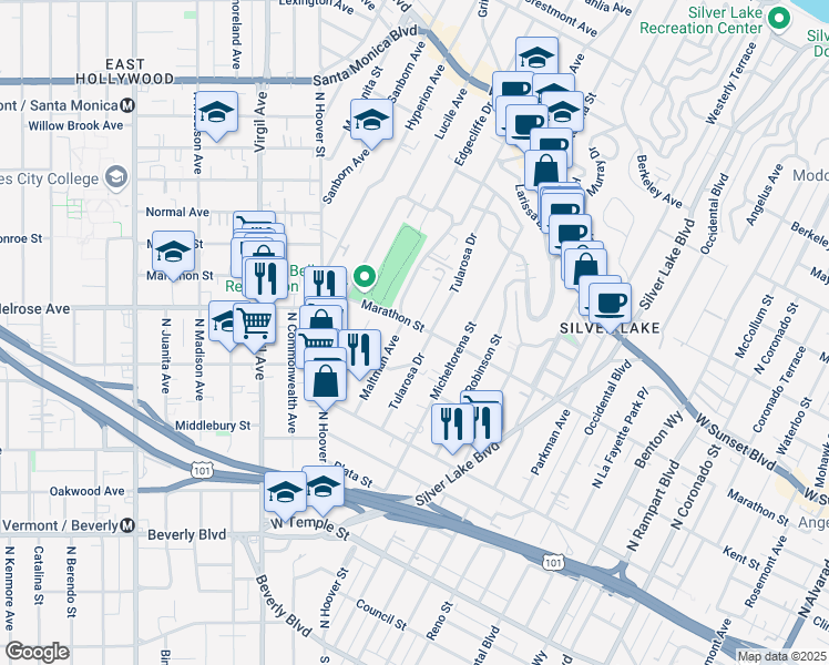 map of restaurants, bars, coffee shops, grocery stores, and more near 754 Maltman Avenue in Los Angeles