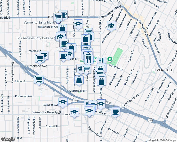 map of restaurants, bars, coffee shops, grocery stores, and more near in Los Angeles