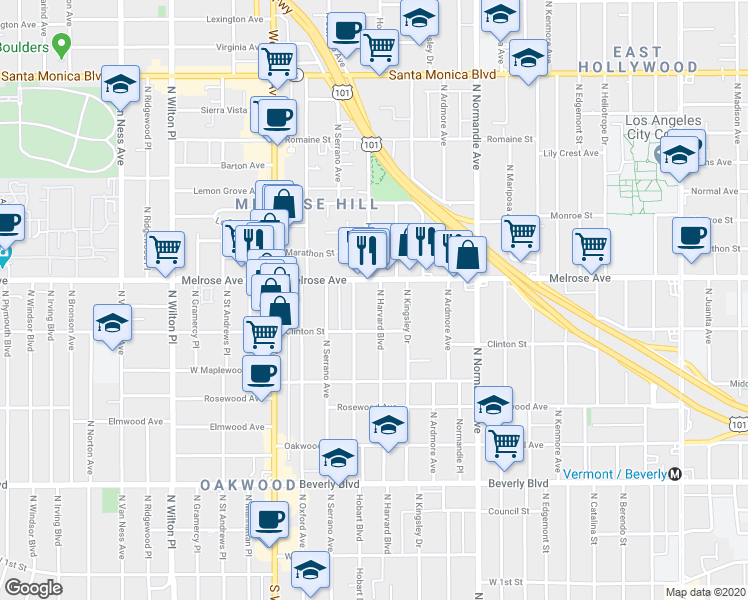 map of restaurants, bars, coffee shops, grocery stores, and more near in Los Angeles