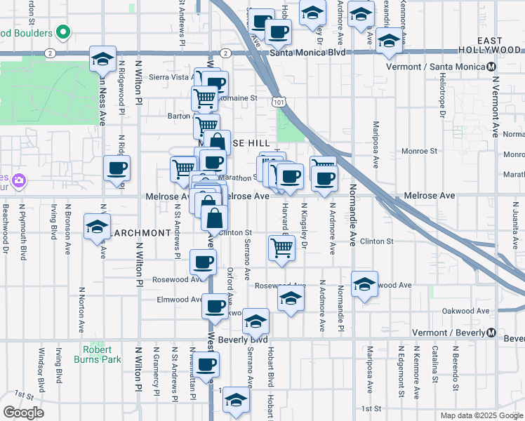 map of restaurants, bars, coffee shops, grocery stores, and more near 648 North Serrano Avenue in Los Angeles