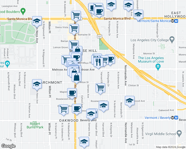 map of restaurants, bars, coffee shops, grocery stores, and more near 648 North Serrano Avenue in Los Angeles
