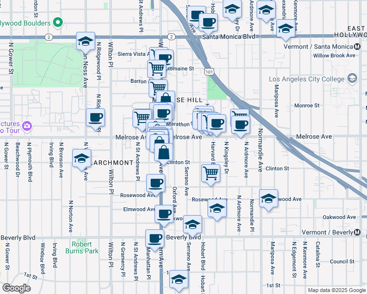 map of restaurants, bars, coffee shops, grocery stores, and more near 648 North Serrano Avenue in Los Angeles