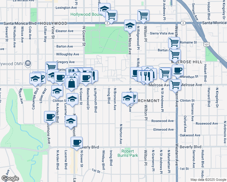 map of restaurants, bars, coffee shops, grocery stores, and more near 646 North Irving Boulevard in Los Angeles