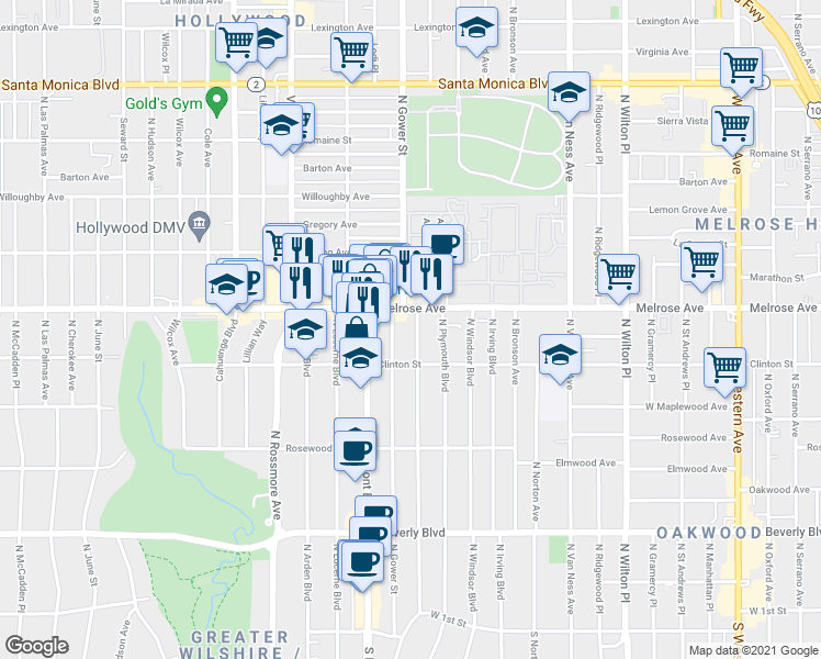 map of restaurants, bars, coffee shops, grocery stores, and more near 640 North Beachwood Drive in Los Angeles