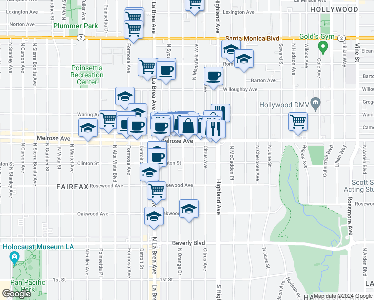 map of restaurants, bars, coffee shops, grocery stores, and more near in Los Angeles