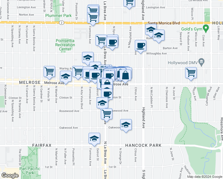 map of restaurants, bars, coffee shops, grocery stores, and more near 636 North Sycamore Avenue in Los Angeles