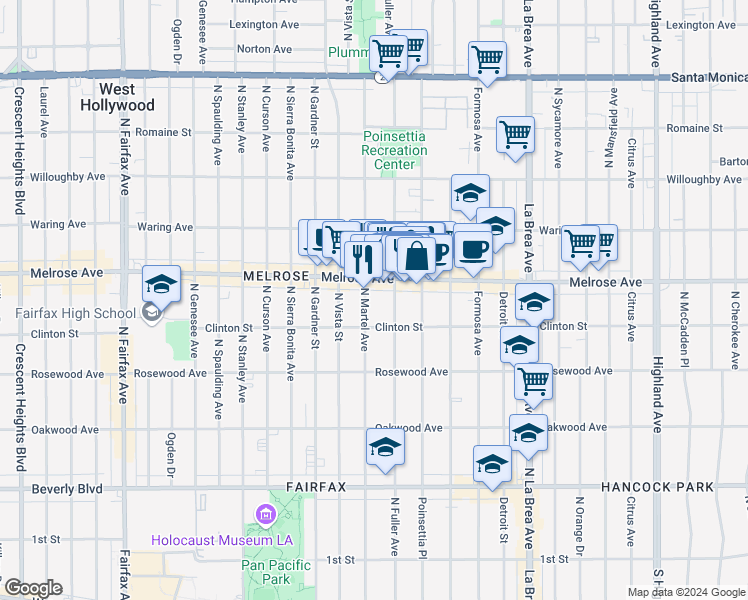 map of restaurants, bars, coffee shops, grocery stores, and more near 630 North Martel Avenue in Los Angeles
