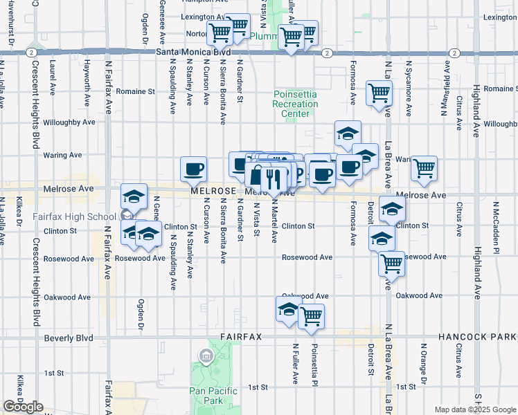 map of restaurants, bars, coffee shops, grocery stores, and more near 7403 Melrose Avenue in Los Angeles